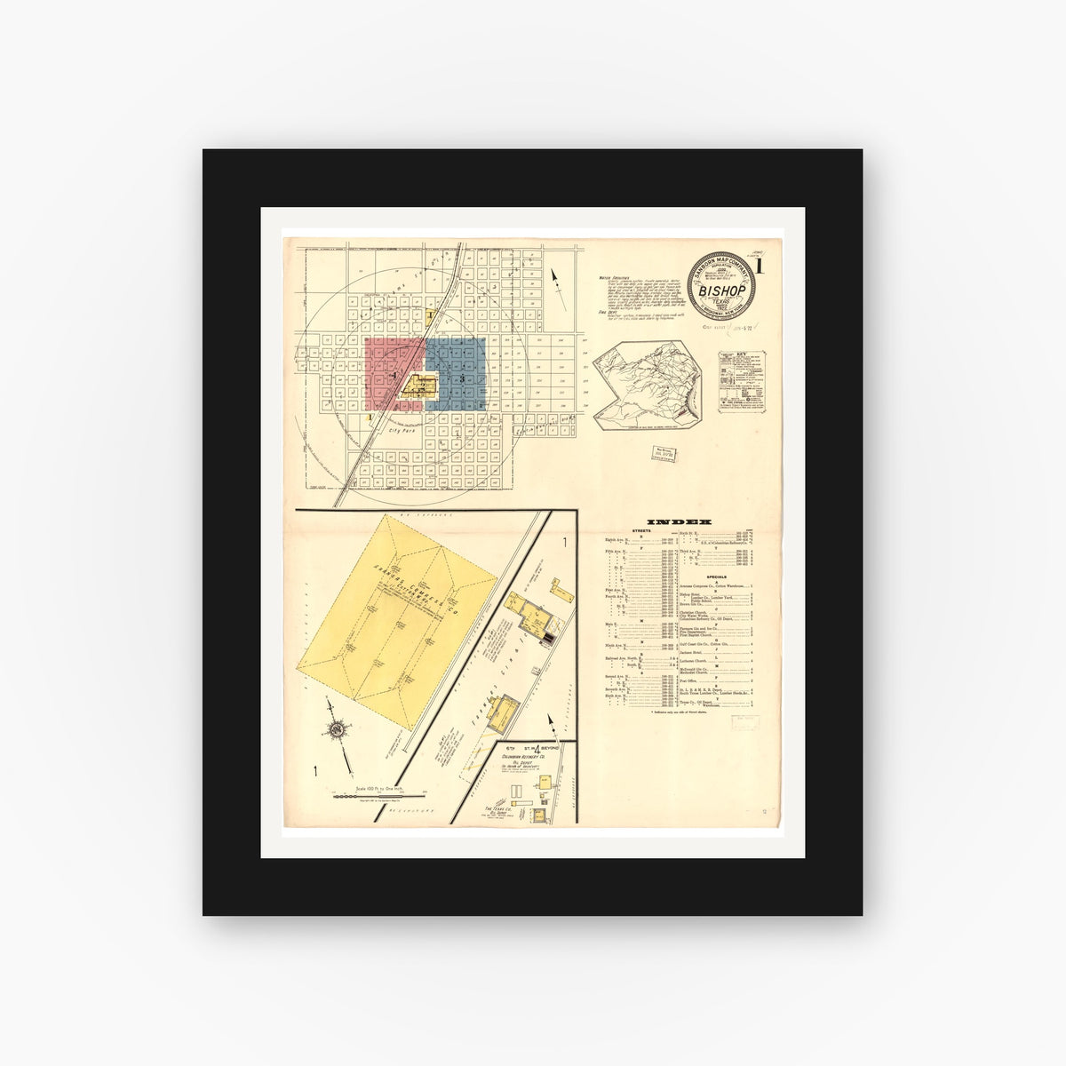 Old map wall art mockup — black gallery frame with white mat — Sanborn Fire Insurance Map from Bishop, Nueces County, Texas (1922), Sheet #0001