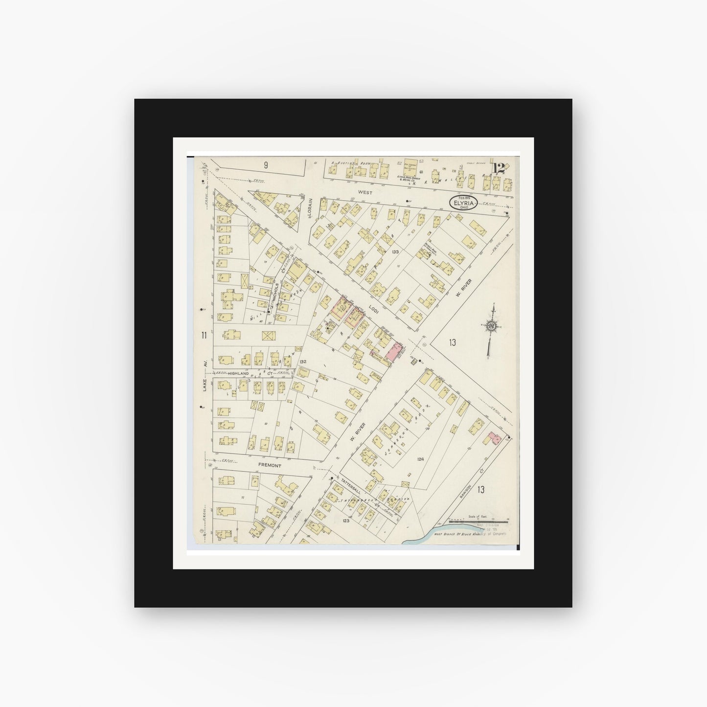 Old map wall art mockup — black gallery frame with white mat — Sanborn Fire Insurance Map from Elyria, Lorain County, Ohio (1915), Sheet #0012