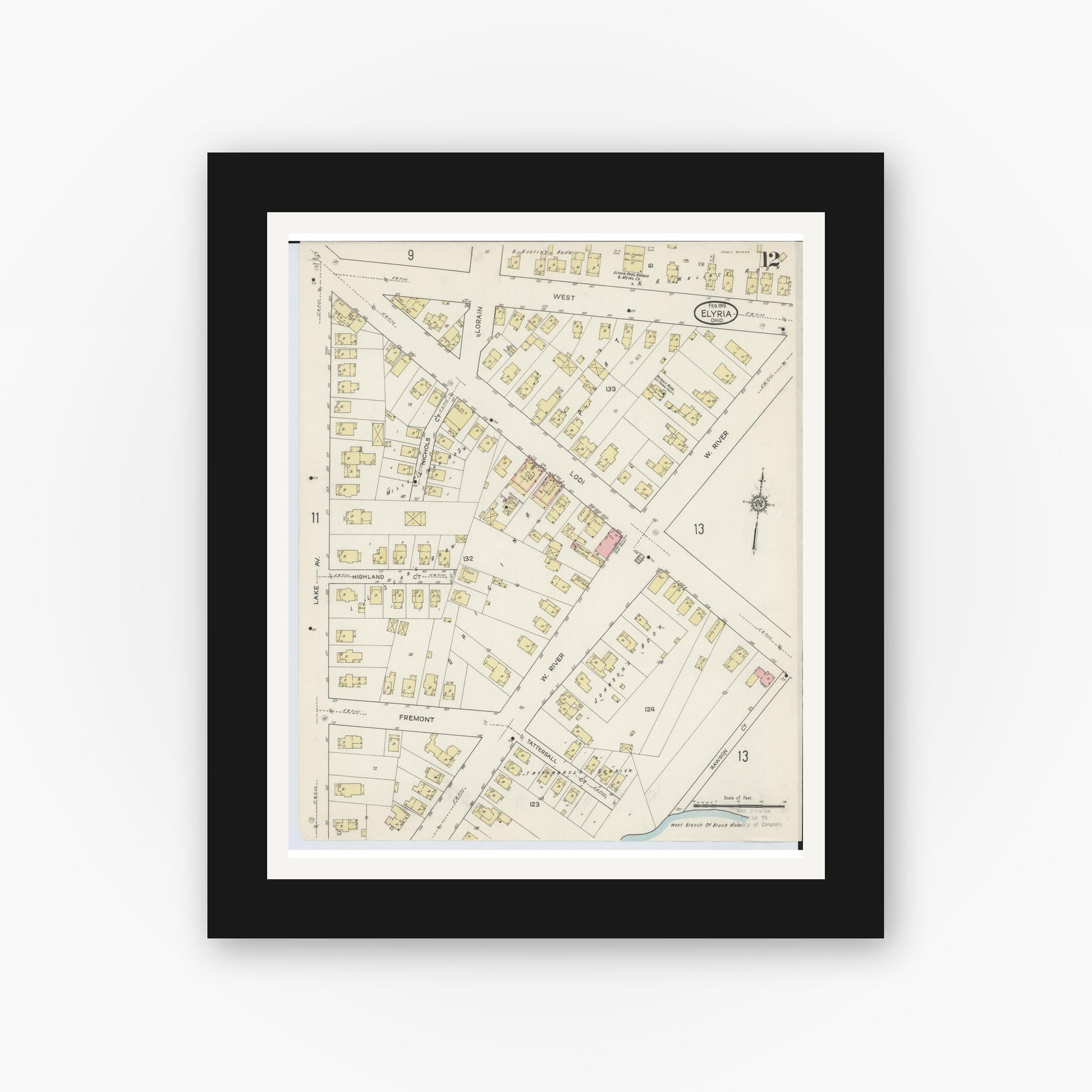 Old map wall art mockup — black gallery frame with white mat — Sanborn Fire Insurance Map from Elyria, Lorain County, Ohio (1915), Sheet #0012