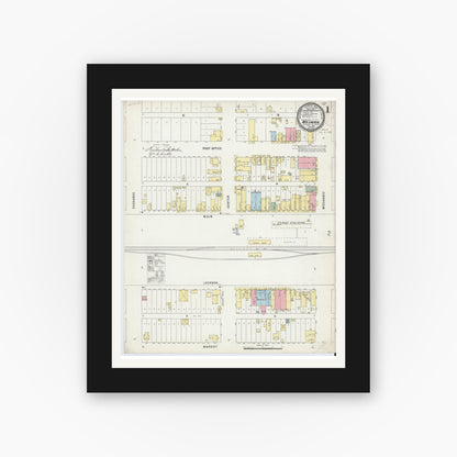 Old map wall art mockup — black gallery frame with white mat — Sanborn Fire Insurance Map from Weimar, Colorado County, Texas (1896), Sheet #0001