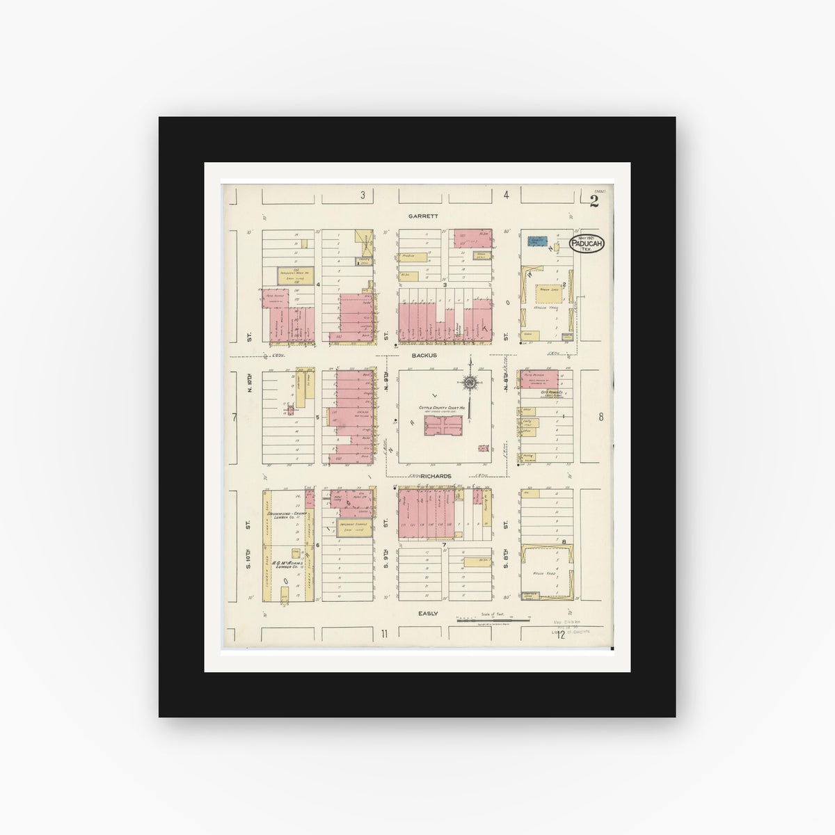 Old map wall art mockup — black gallery frame with white mat — Sanborn Fire Insurance Map from Paducah, Cottle County, Texas (1921), Sheet #0002