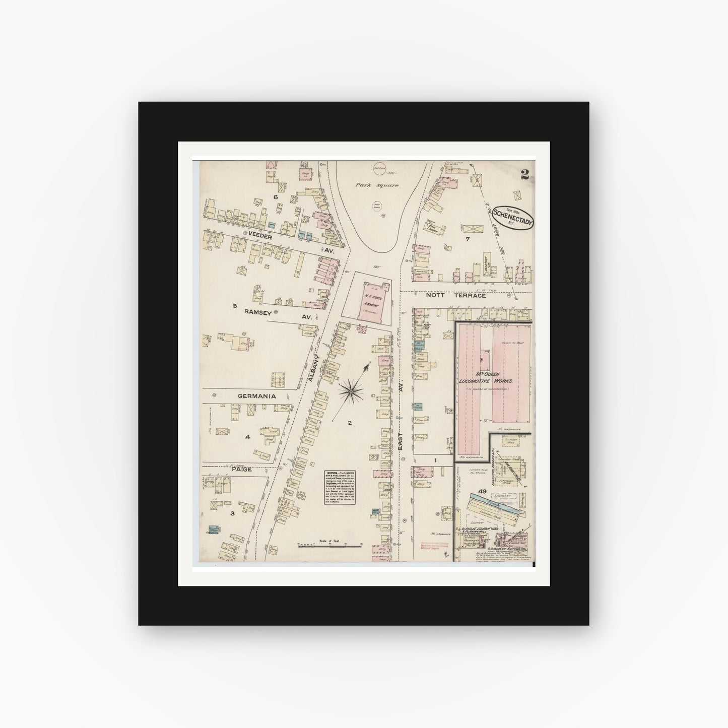 Old map wall art mockup — black gallery frame with white mat — Sanborn Fire Insurance Map from Schenectady, Schenectady County, New York (1884), Sheet #0002