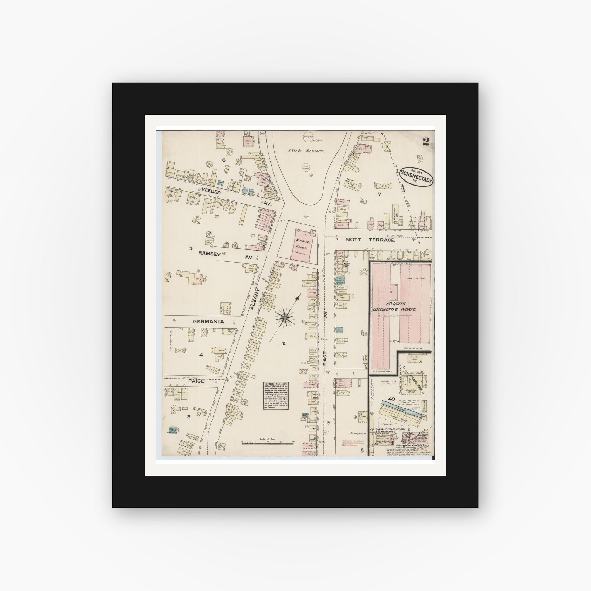 Old map wall art mockup — black gallery frame with white mat — Sanborn Fire Insurance Map from Schenectady, Schenectady County, New York (1884), Sheet #0002