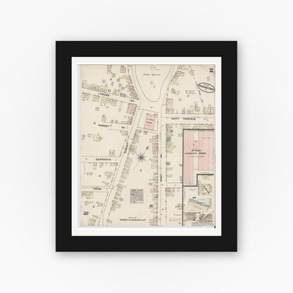 Old map wall art mockup — black gallery frame with white mat — Sanborn Fire Insurance Map from Schenectady, Schenectady County, New York (1884), Sheet #0002