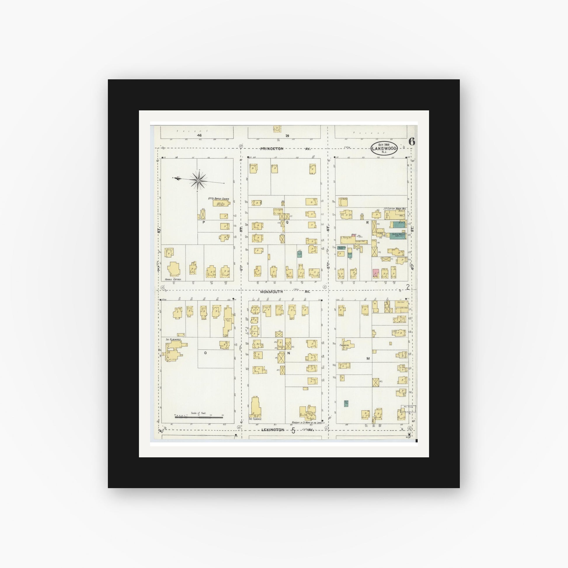 Old map wall art mockup — black gallery frame with white mat — Sanborn Fire Insurance Map from Lakewood, Ocean County, New Jersey (1905), Sheet #0006