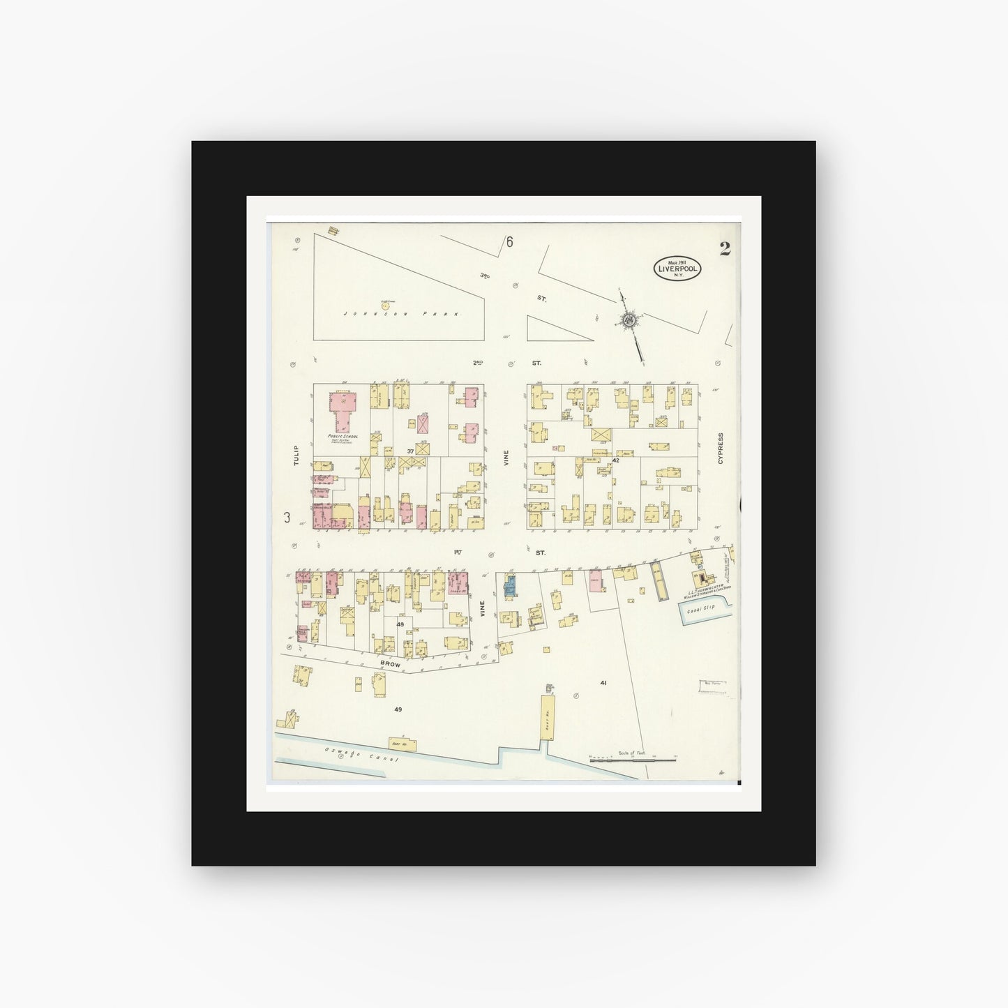 Old map wall art mockup — black gallery frame with white mat — Sanborn Fire Insurance Map from Liverpool, Onondaga County, New York (1911), Sheet #0002