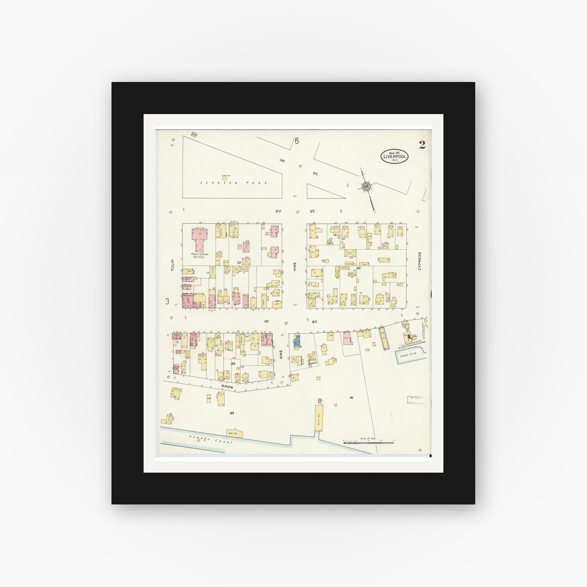Old map wall art mockup — black gallery frame with white mat — Sanborn Fire Insurance Map from Liverpool, Onondaga County, New York (1911), Sheet #0002