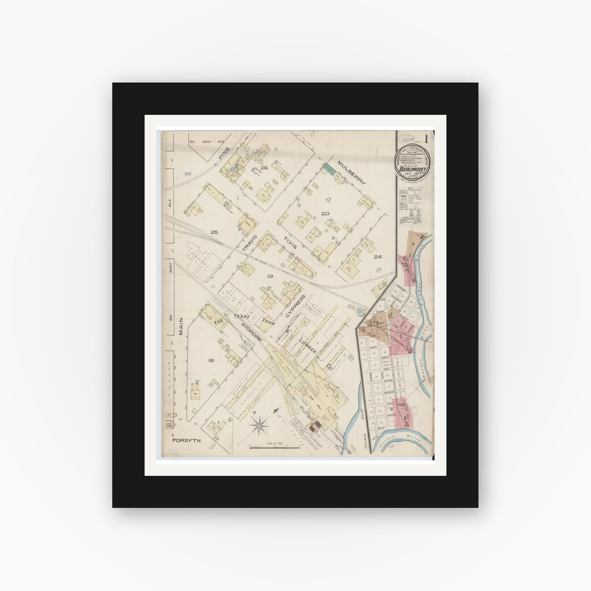 Old map wall art mockup — black gallery frame with white mat — Sanborn Fire Insurance Map from Beaumont, Jefferson County, Texas (1885) - Complete Map Set