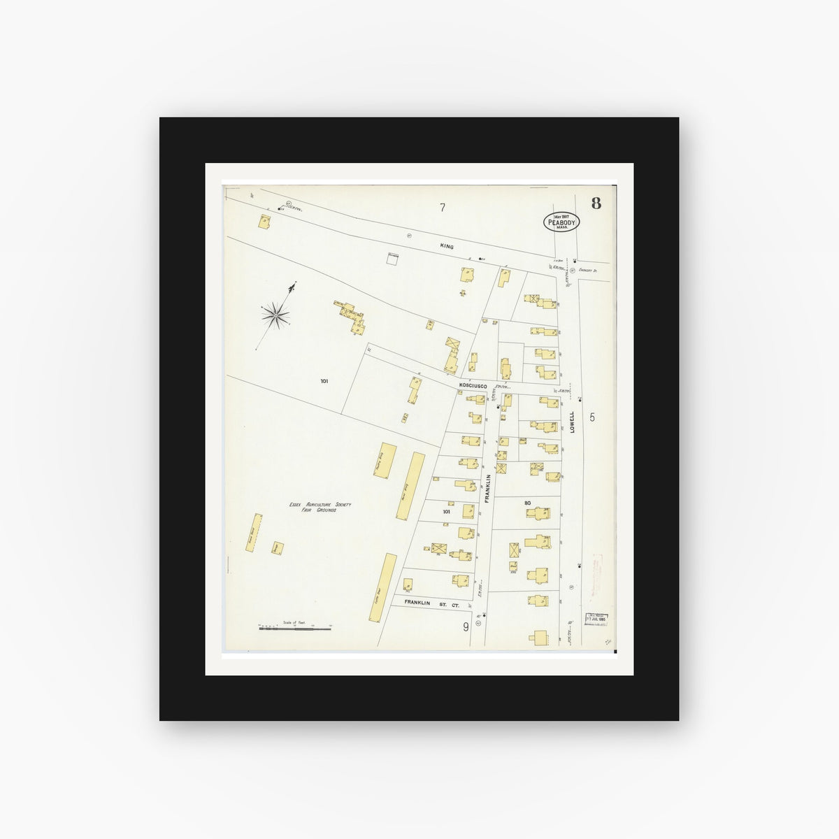 Old map wall art mockup — black gallery frame with white mat — Sanborn Fire Insurance Map from Peabody, Essex County, Massachusetts (1907), Sheet #0008