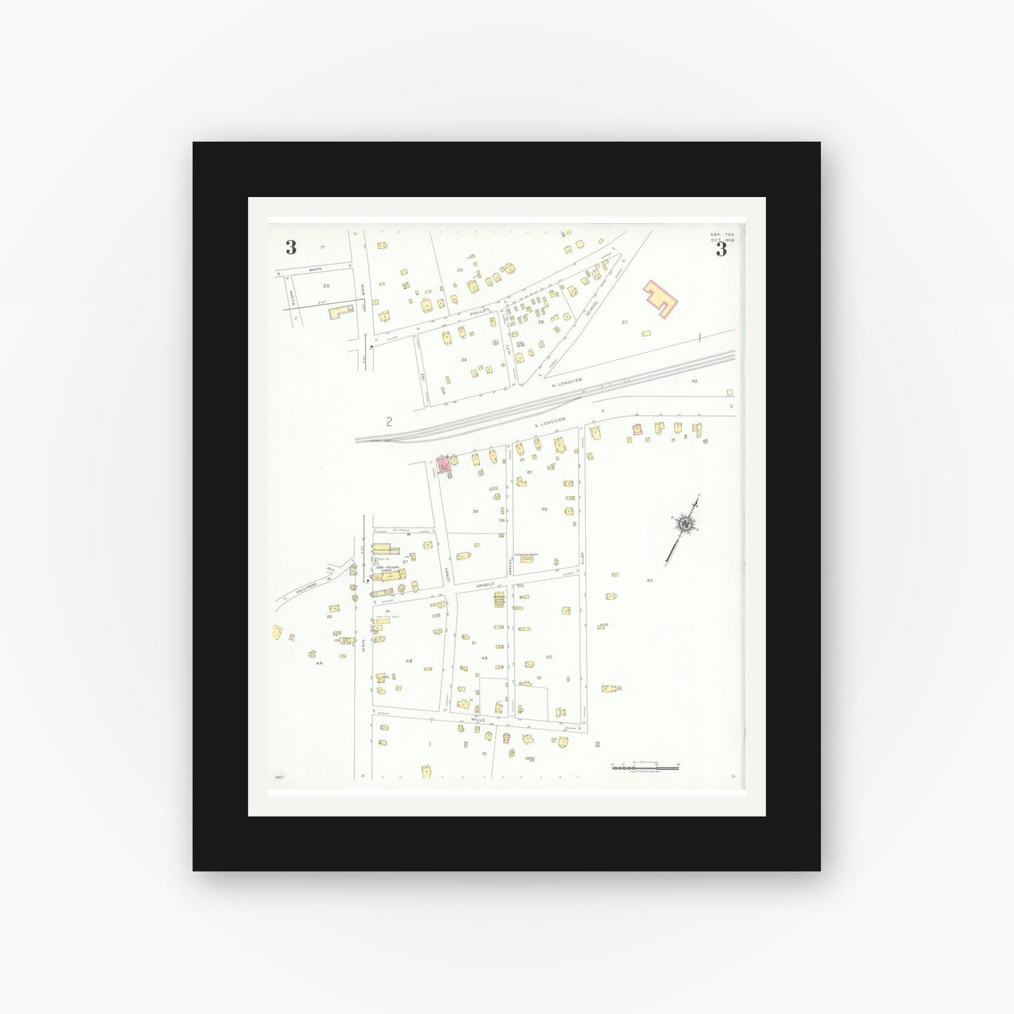 Old map wall art mockup — black gallery frame with white mat — Sanborn Fire Insurance Map from Arp, Smith County, Texas (1939), Sheet #0003