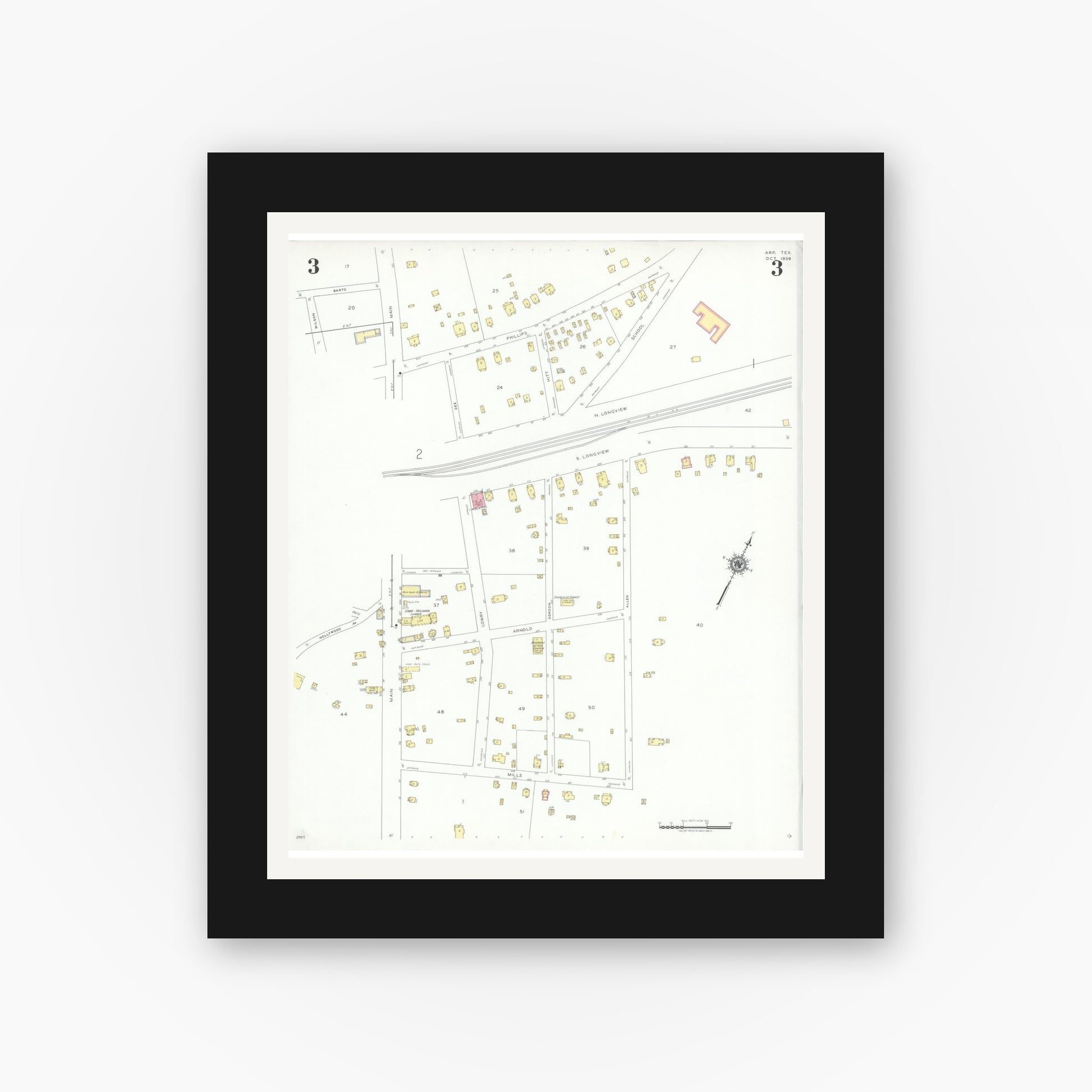 Old map wall art mockup — black gallery frame with white mat — Sanborn Fire Insurance Map from Arp, Smith County, Texas (1939), Sheet #0003