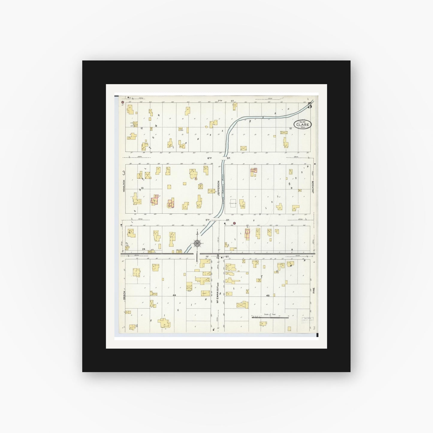 Old map wall art mockup — black gallery frame with white mat — Sanborn Fire Insurance Map from Clare, Clare County, Michigan (1910), Sheet #0005