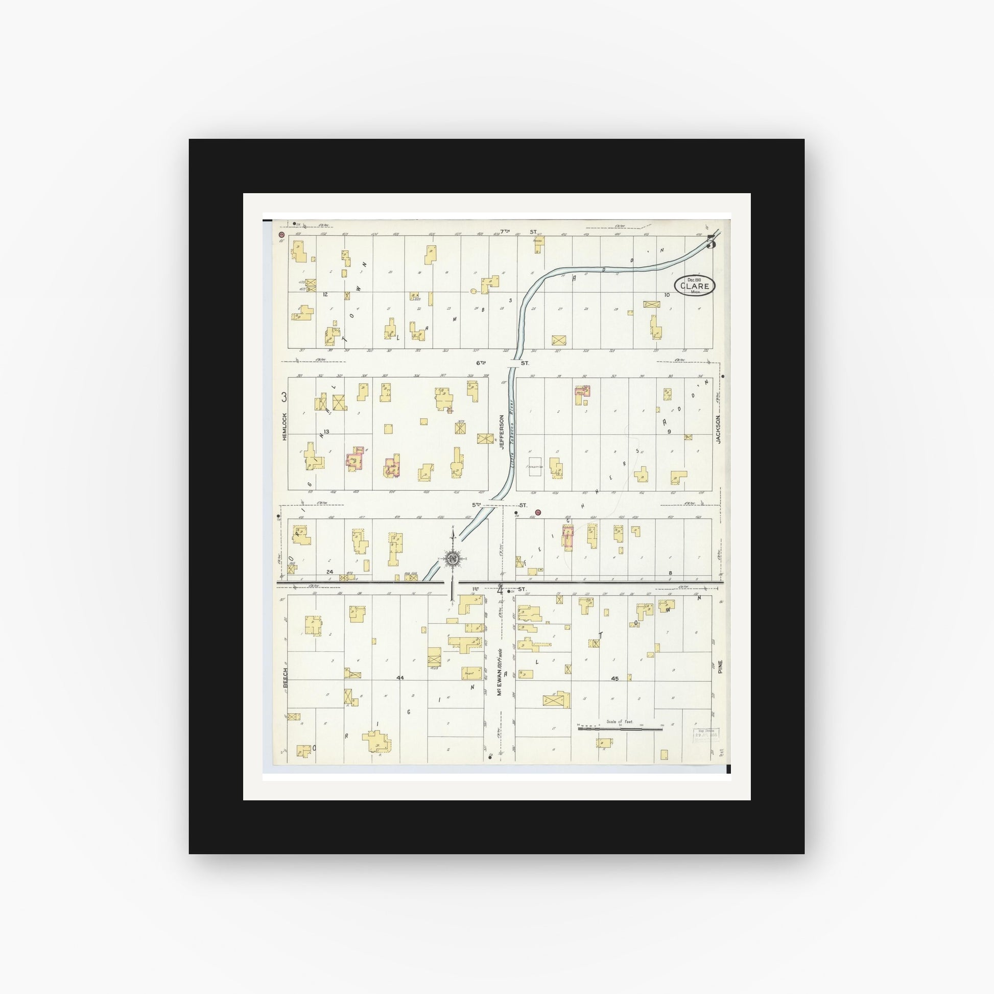 Old map wall art mockup — black gallery frame with white mat — Sanborn Fire Insurance Map from Clare, Clare County, Michigan (1910), Sheet #0005