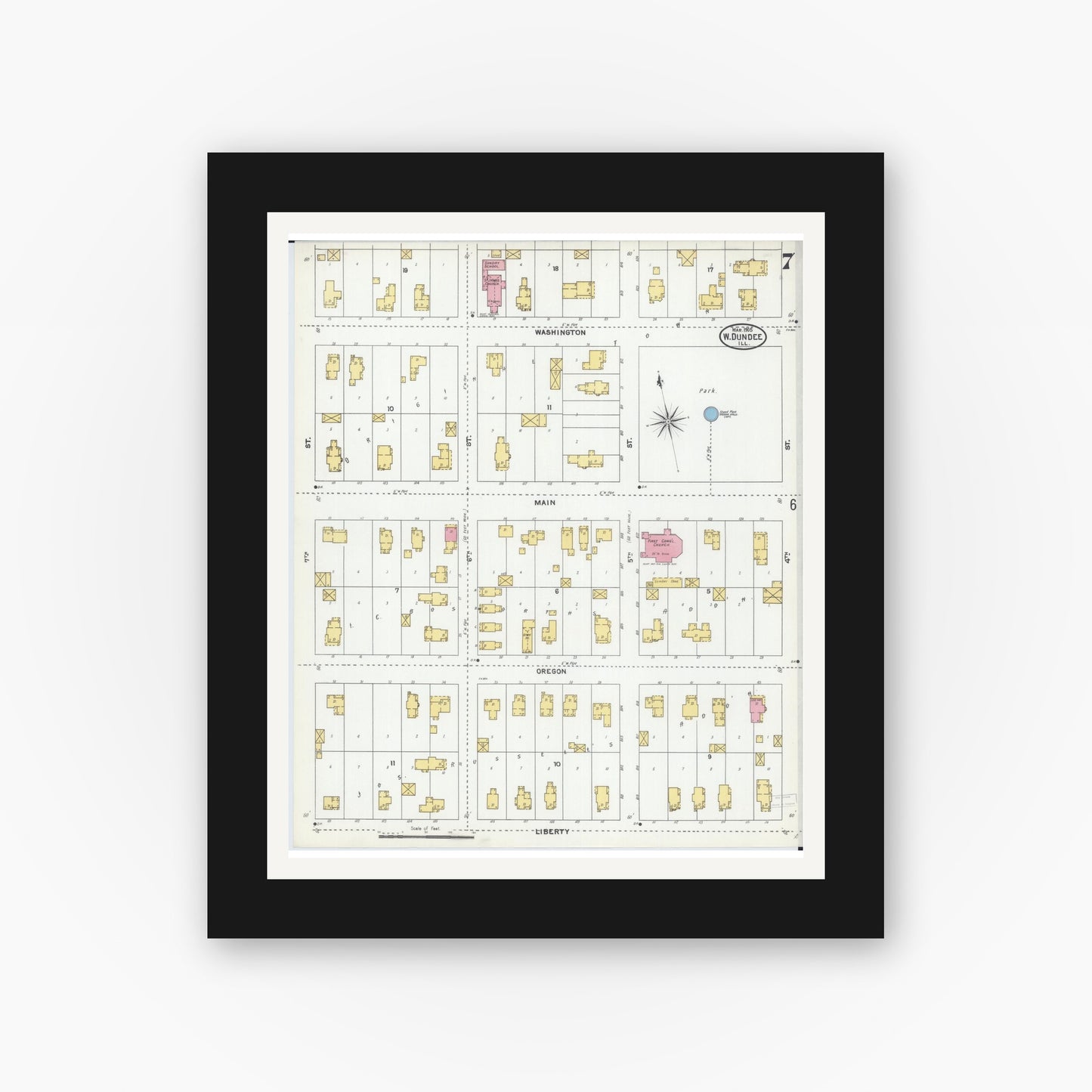 Old map wall art mockup — black gallery frame with white mat — Sanborn Fire Insurance Map from Dundee, Kane County, Illinois (1905), Sheet #0007
