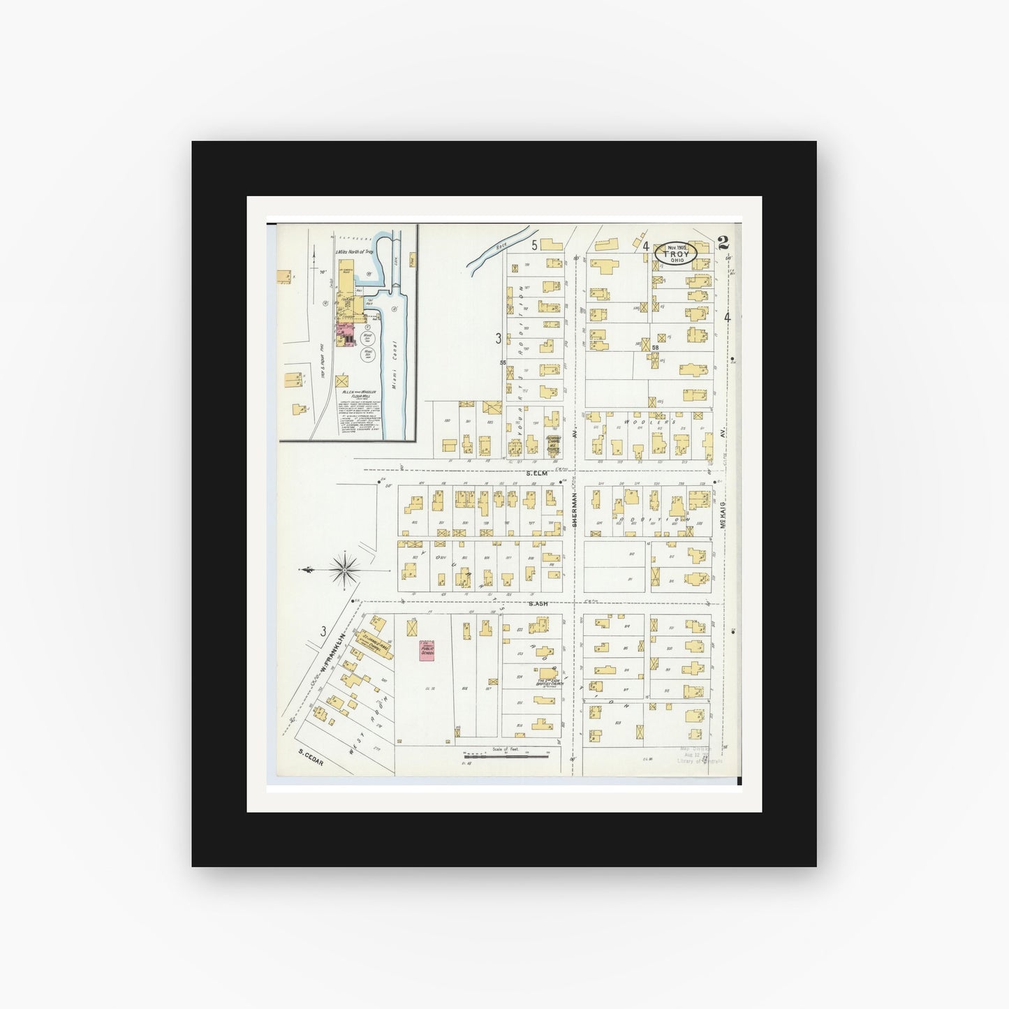 Old map wall art mockup — black gallery frame with white mat — Sanborn Fire Insurance Map from Troy, Miami County, Ohio (1905), Sheet #0002