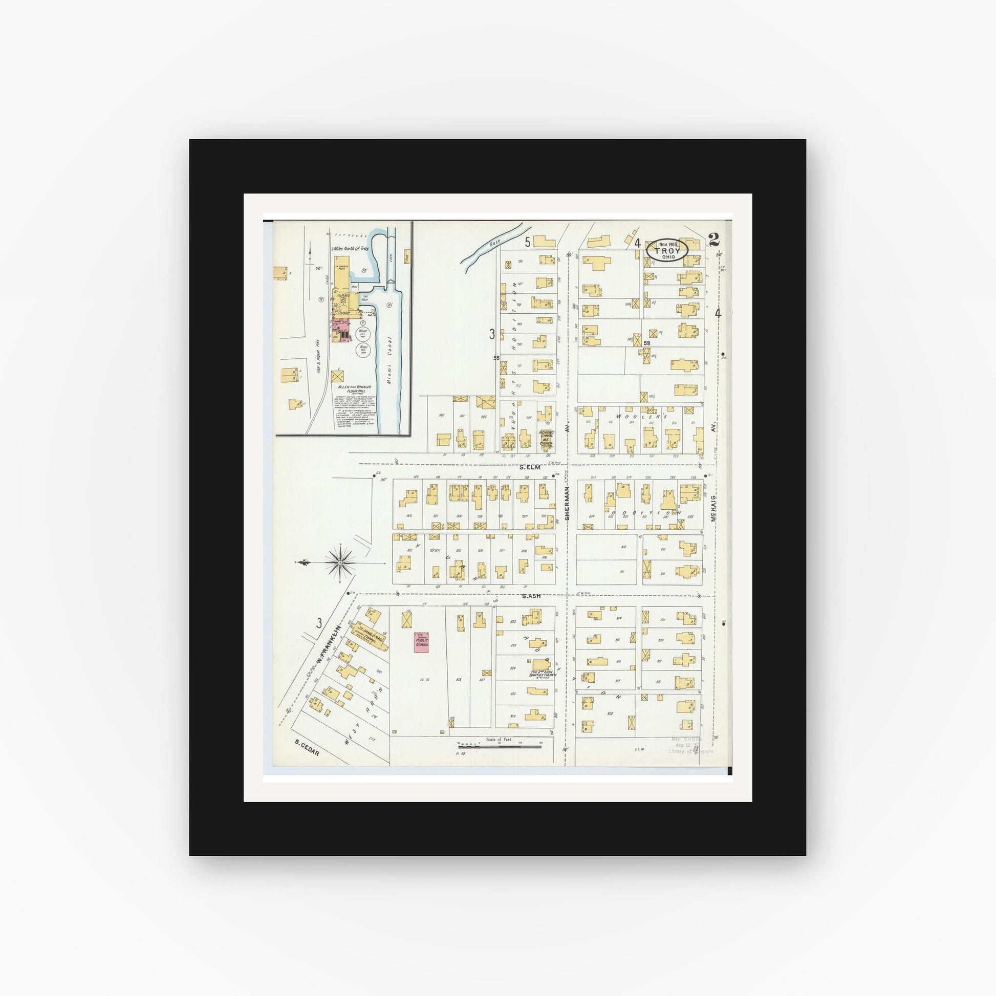 Old map wall art mockup — black gallery frame with white mat — Sanborn Fire Insurance Map from Troy, Miami County, Ohio (1905), Sheet #0002
