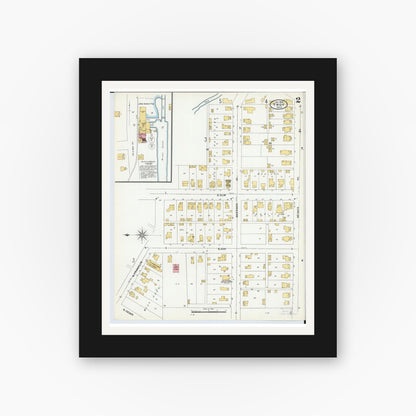 Old map wall art mockup — black gallery frame with white mat — Sanborn Fire Insurance Map from Troy, Miami County, Ohio (1905), Sheet #0002