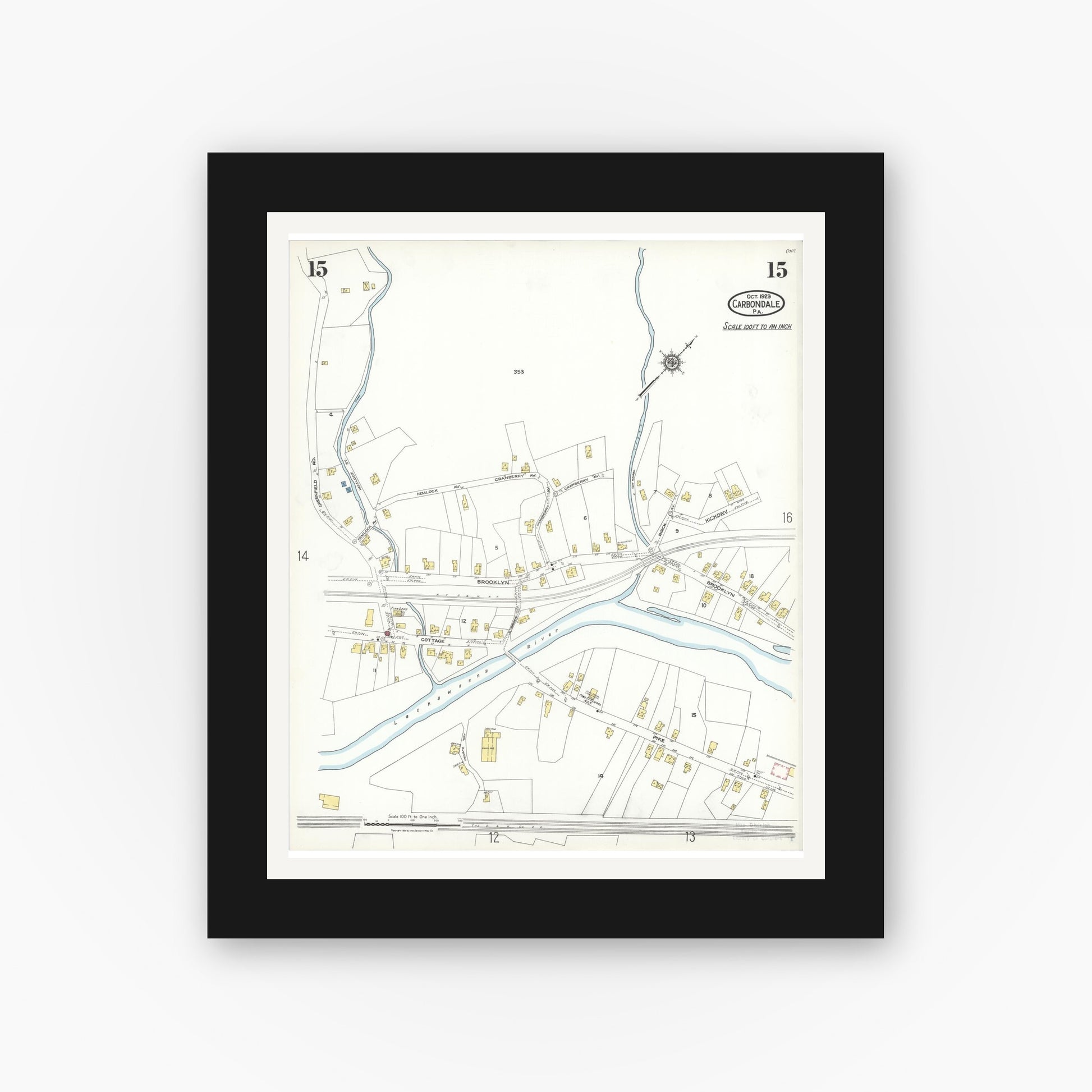 Old map wall art mockup — black gallery frame with white mat — Sanborn Fire Insurance Map from Carbondale, Lackawanna County, Pennsylvania (1923), Sheet #0015