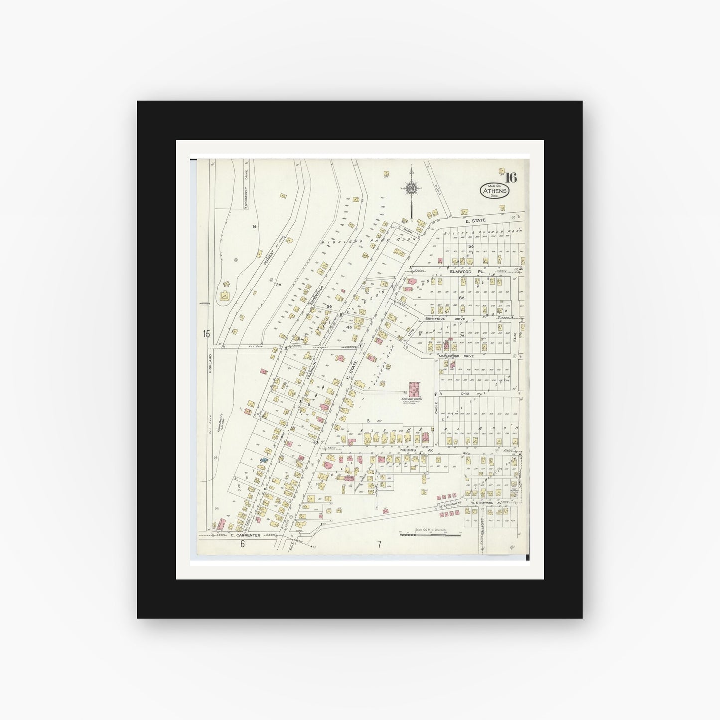 Old map wall art mockup — black gallery frame with white mat — Sanborn Fire Insurance Map from Athens, Athens County, Ohio (1914), Sheet #0016