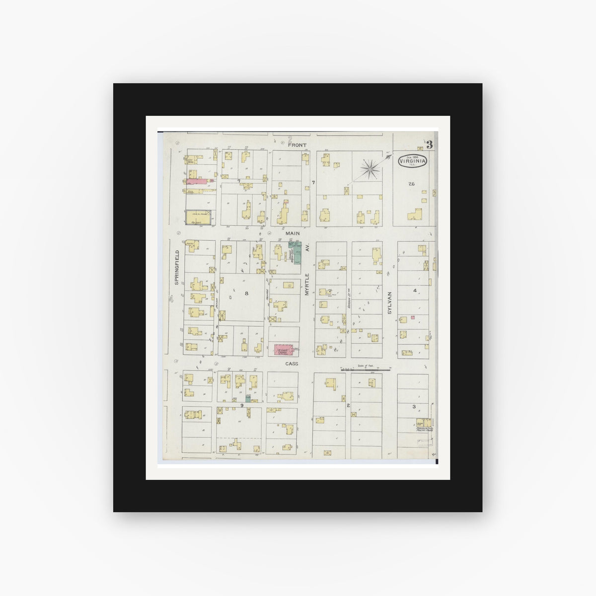 Old map wall art mockup — black gallery frame with white mat — Sanborn Fire Insurance Map from Virginia, Cass County, Illinois (1894), Sheet #0003