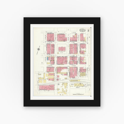 Old map wall art mockup — black gallery frame with white mat — Sanborn Fire Insurance Map from Brenham, Washington County, Texas (1912), Sheet #0002