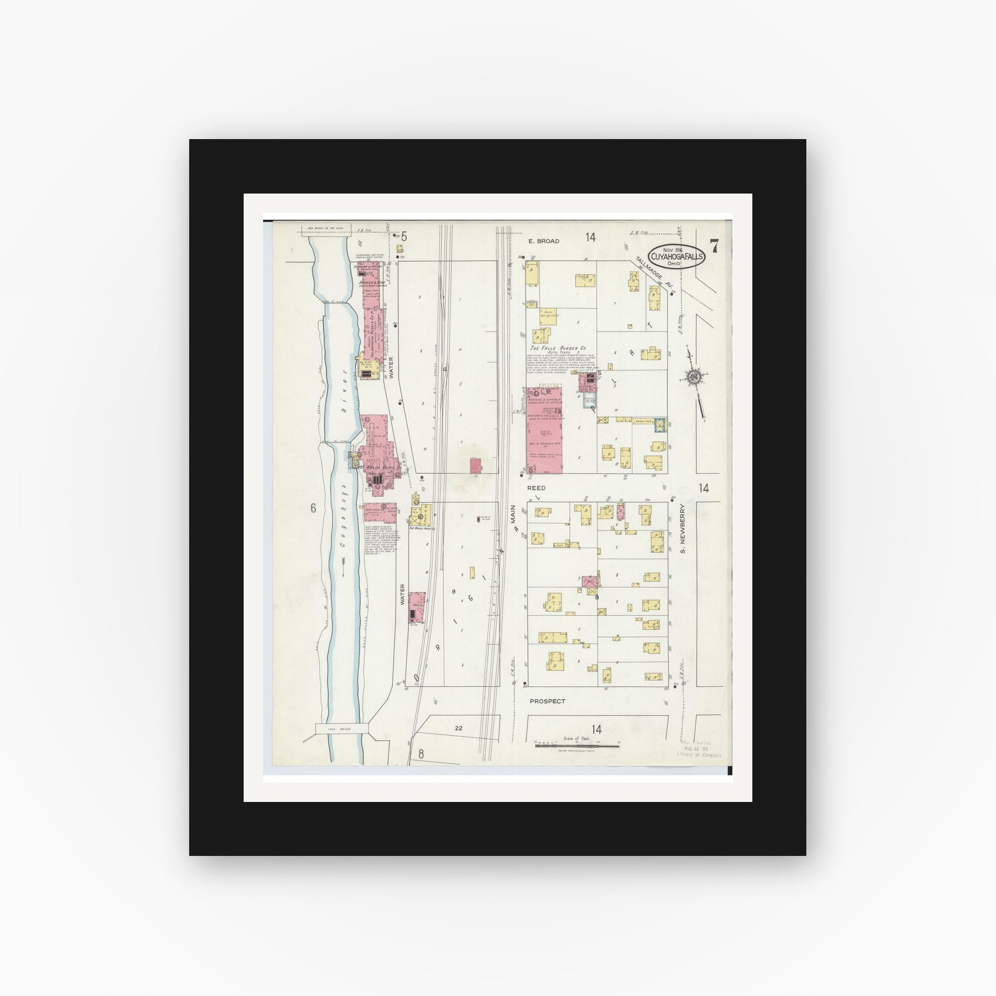 Old map wall art mockup — black gallery frame with white mat — Sanborn Fire Insurance Map from Cuyahoga Falls, Summit County, Ohio (1916), Sheet #0007
