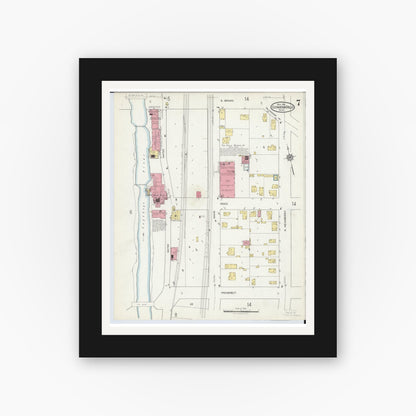 Old map wall art mockup — black gallery frame with white mat — Sanborn Fire Insurance Map from Cuyahoga Falls, Summit County, Ohio (1916), Sheet #0007