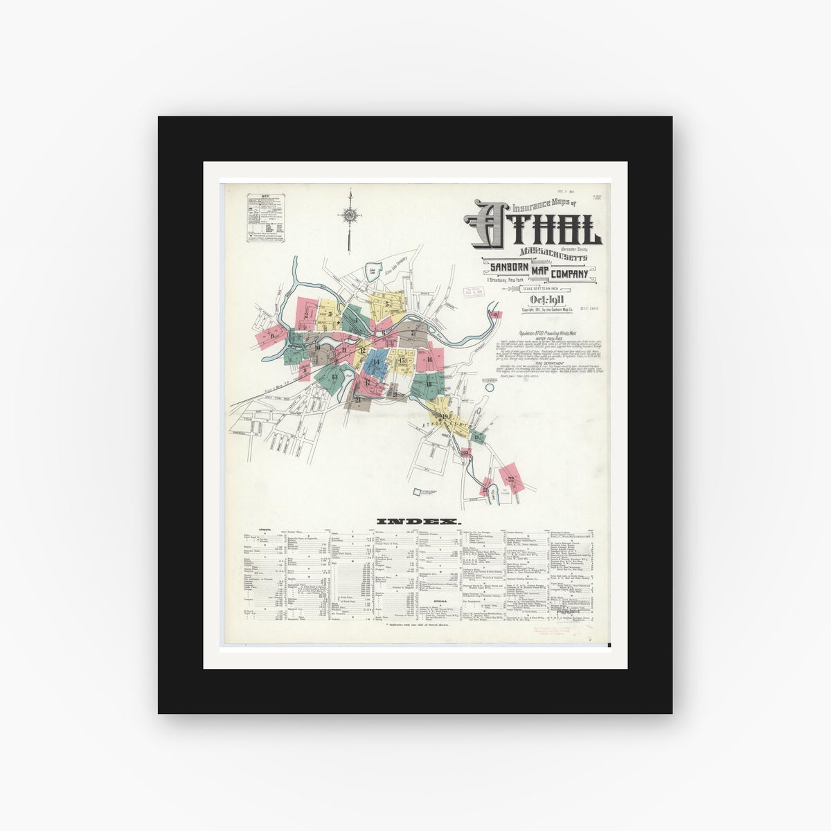 Old map wall art mockup — black gallery frame with white mat — Sanborn Fire Insurance Map from Athol, Worcester County, Massachusetts (1911), Sheet #0001
