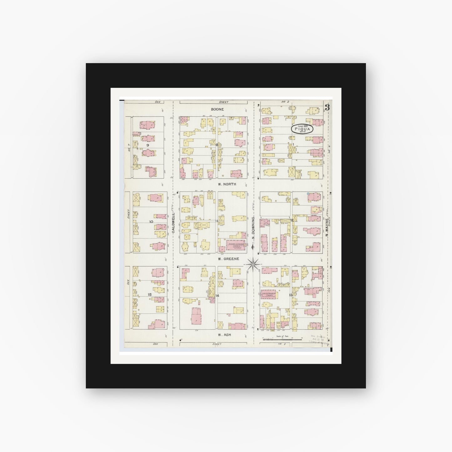 Old map wall art mockup — black gallery frame with white mat — Sanborn Fire Insurance Map from Piqua, Miami County, Ohio (1892), Sheet #0003