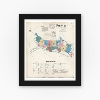 Old map wall art mockup — black gallery frame with white mat — Sanborn Fire Insurance Map from Emporium, Cameron County, Pennsylvania (1938) - Complete Map Set