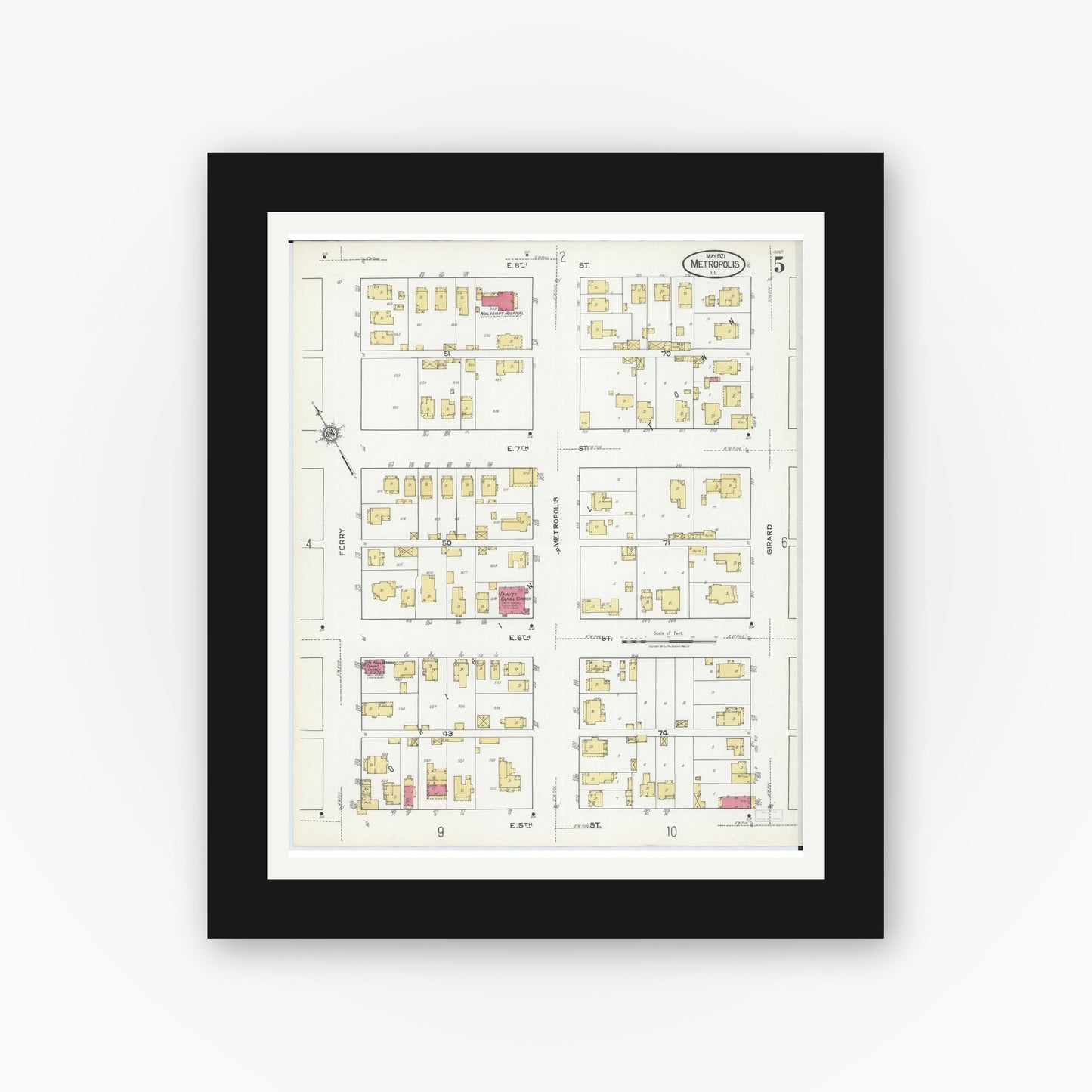 Old map wall art mockup — black gallery frame with white mat — Sanborn Fire Insurance Map from Metropolis, Massac County, Illinois (1921), Sheet #0005