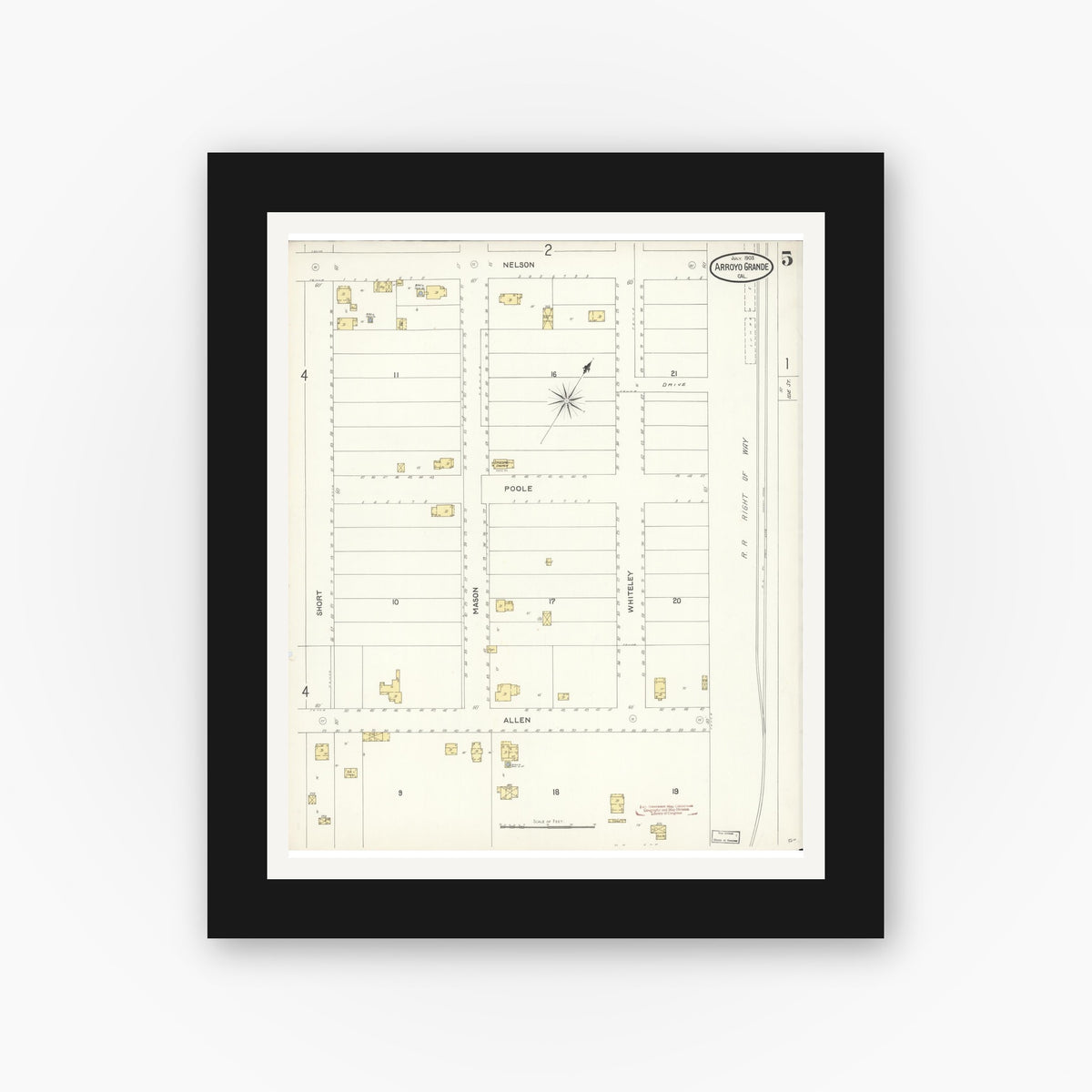 Old map wall art mockup — black gallery frame with white mat — Sanborn Fire Insurance Map from Arroyo Grande, San Luis Obispo County, California (1903), Sheet #0005