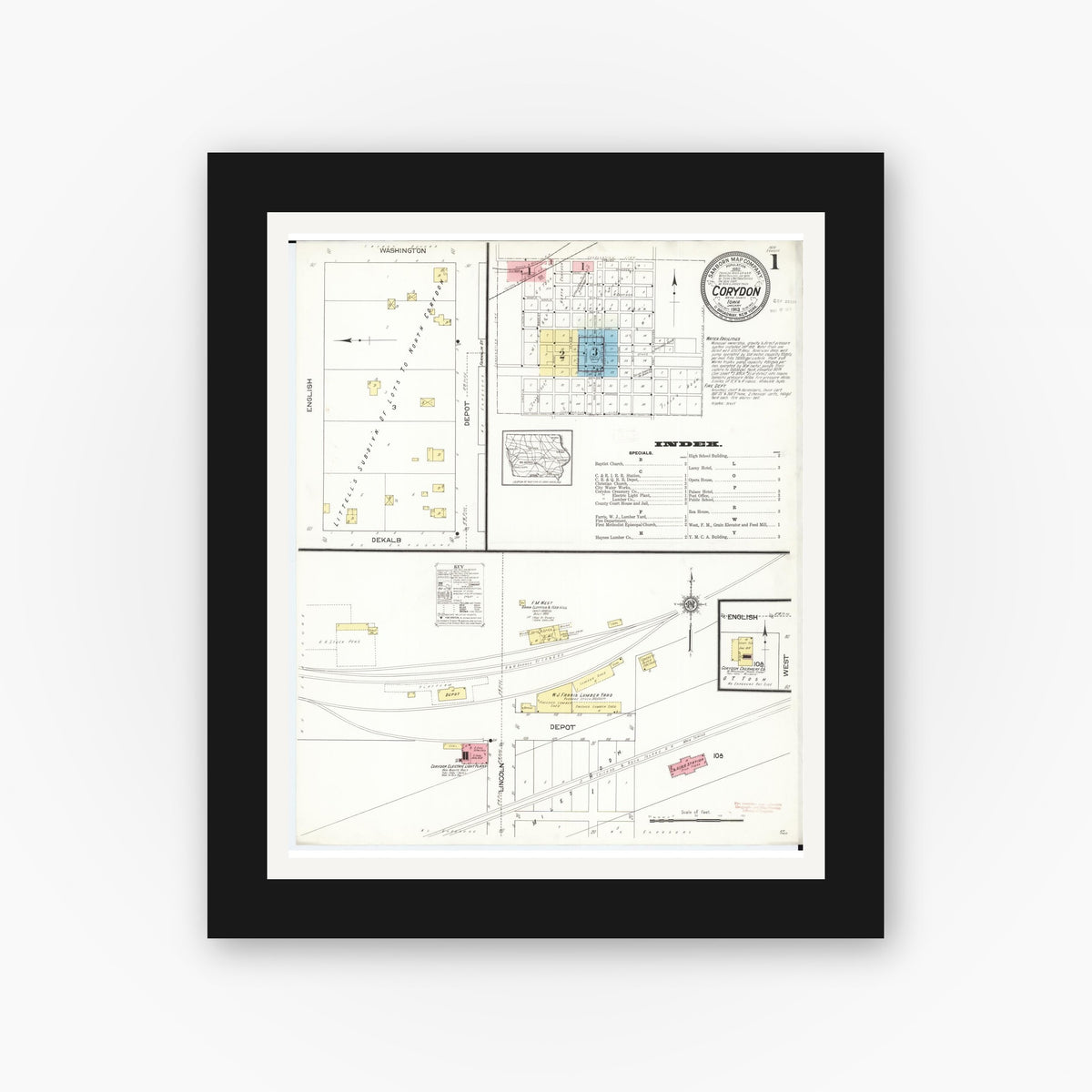 Old map wall art mockup — black gallery frame with white mat — Sanborn Fire Insurance Map from Corydon, Wayne County, Iowa (1913) â€” Complete Set