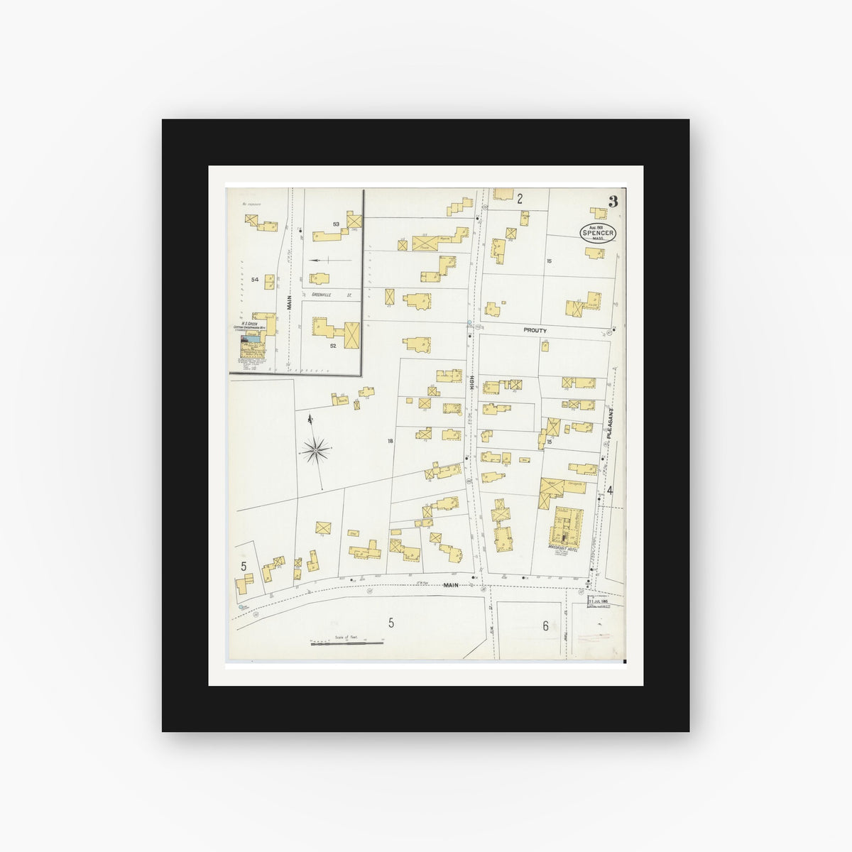 Old map wall art mockup — black gallery frame with white mat — Sanborn Fire Insurance Map from Spencer, Worcester County, Massachusetts (1901), Sheet #0003