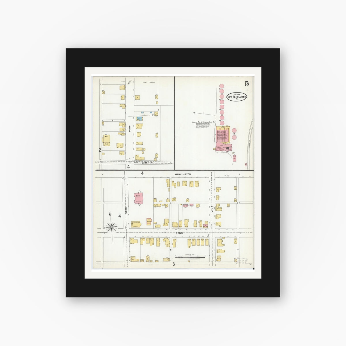 Old map wall art mockup — black gallery frame with white mat — Sanborn Fire Insurance Map from New Bethlehem, Clarion County, Pennsylvania (1904), Sheet #0005
