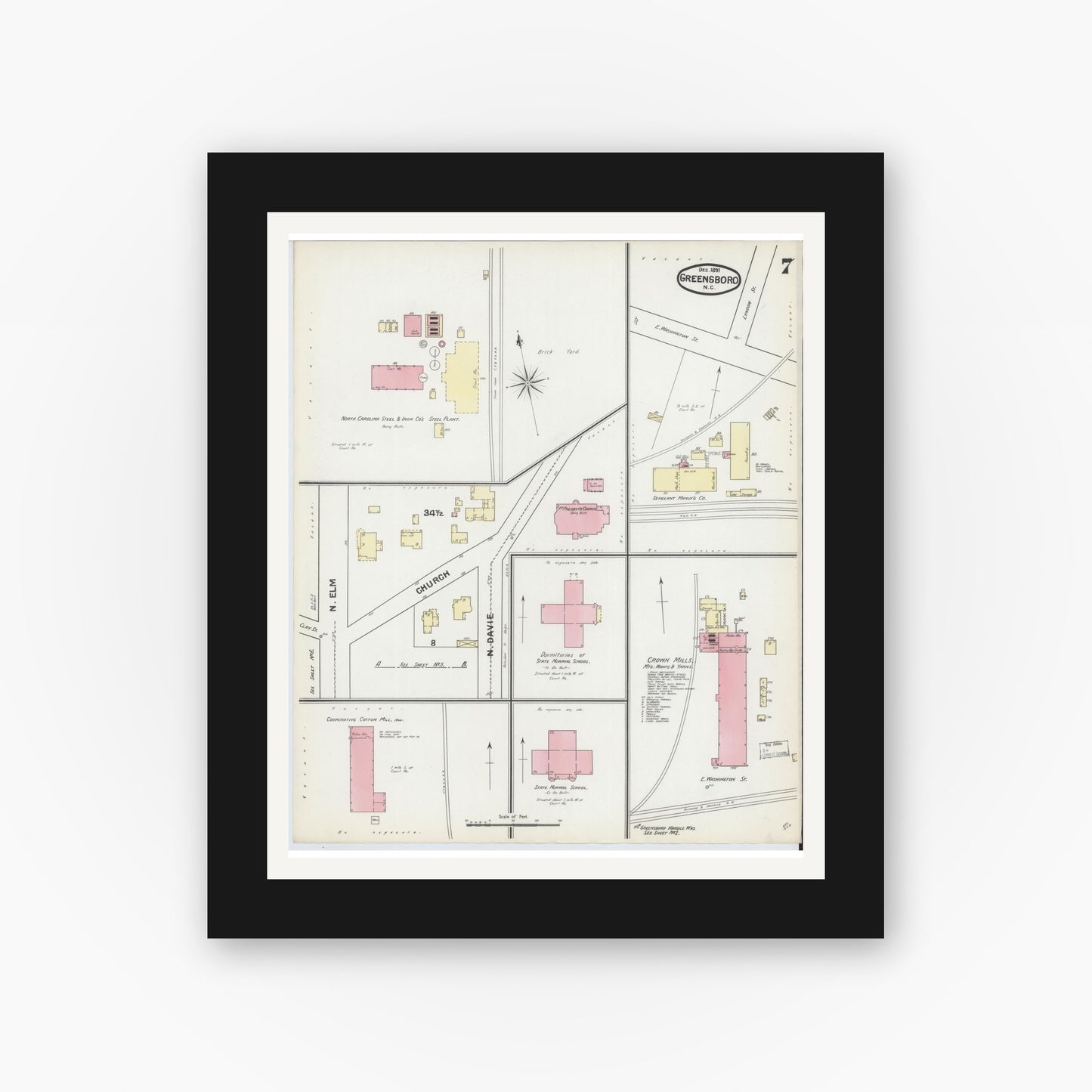 Old map wall art mockup — black gallery frame with white mat — Sanborn Fire Insurance Map from Greensboro, Guilford County, North Carolina (1891), Sheet #0007