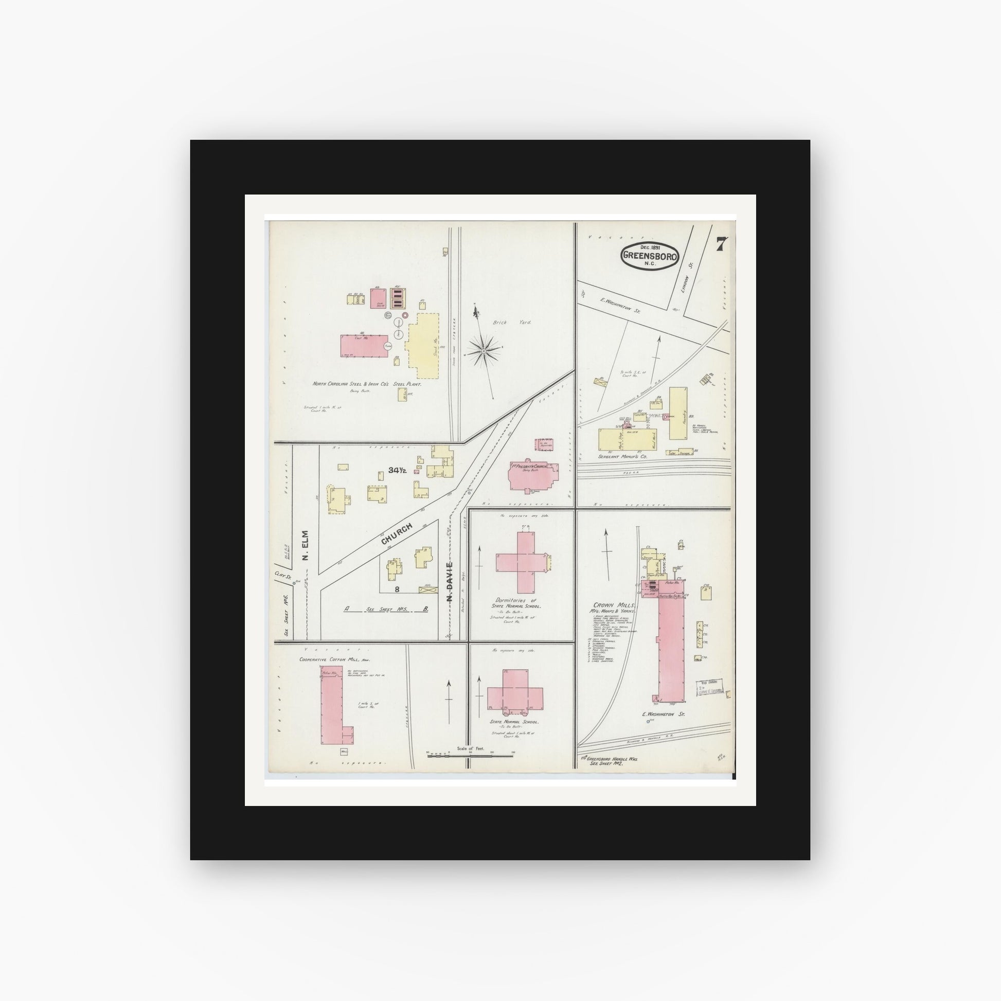 Old map wall art mockup — black gallery frame with white mat — Sanborn Fire Insurance Map from Greensboro, Guilford County, North Carolina (1891), Sheet #0007