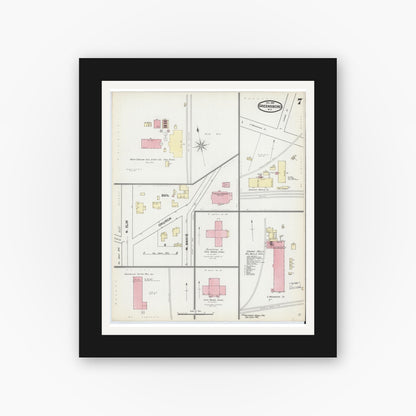 Old map wall art mockup — black gallery frame with white mat — Sanborn Fire Insurance Map from Greensboro, Guilford County, North Carolina (1891), Sheet #0007