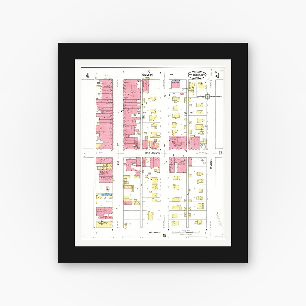 Old map wall art mockup — black gallery frame with white mat — Sanborn Fire Insurance Map from Webster City, Hamilton County, Iowa (1923), Sheet #0004