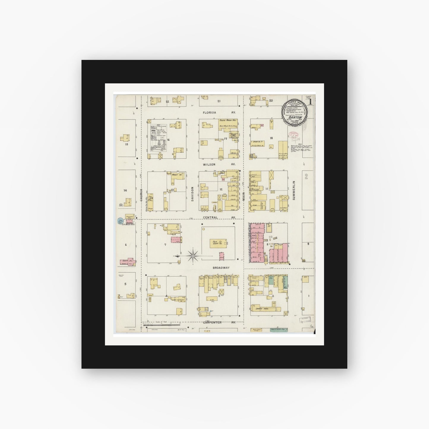 Old map wall art mockup — black gallery frame with white mat — Sanborn Fire Insurance Map from Bartow, Polk County, Florida (1895) - Complete Map Set