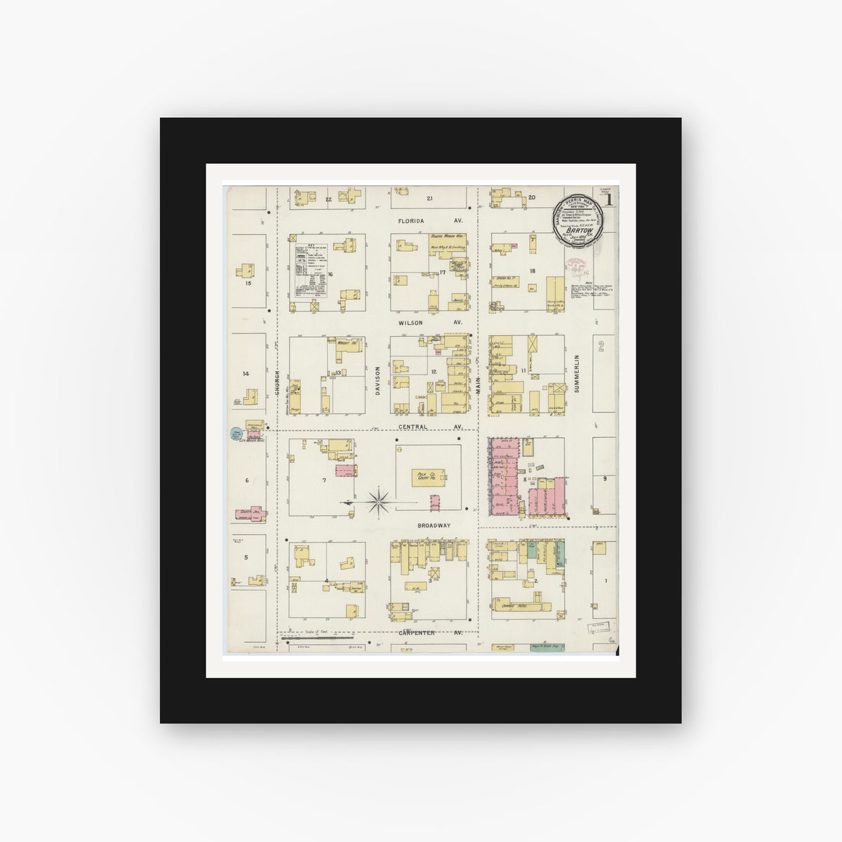 Old map wall art mockup — black gallery frame with white mat — Sanborn Fire Insurance Map from Bartow, Polk County, Florida (1895) - Complete Map Set
