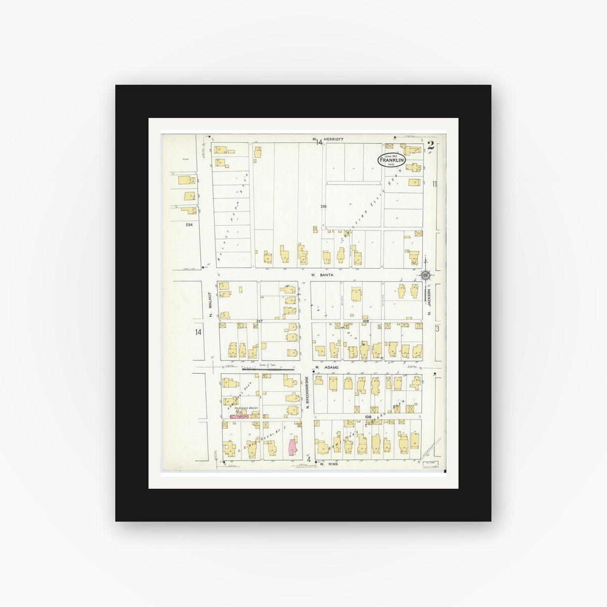 Old map wall art mockup — black gallery frame with white mat — Sanborn Fire Insurance Map from Franklin, Johnson County, Indiana (1916), Sheet #0002
