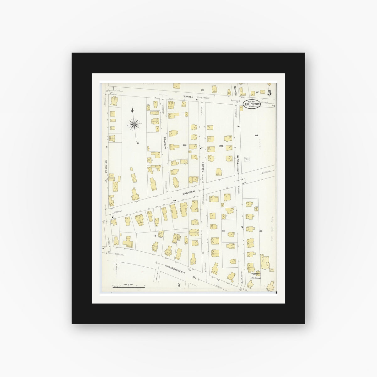 Old map wall art mockup — black gallery frame with white mat — Sanborn Fire Insurance Map from Arlington, Middlesex County, Massachusetts (1908), Sheet #0005