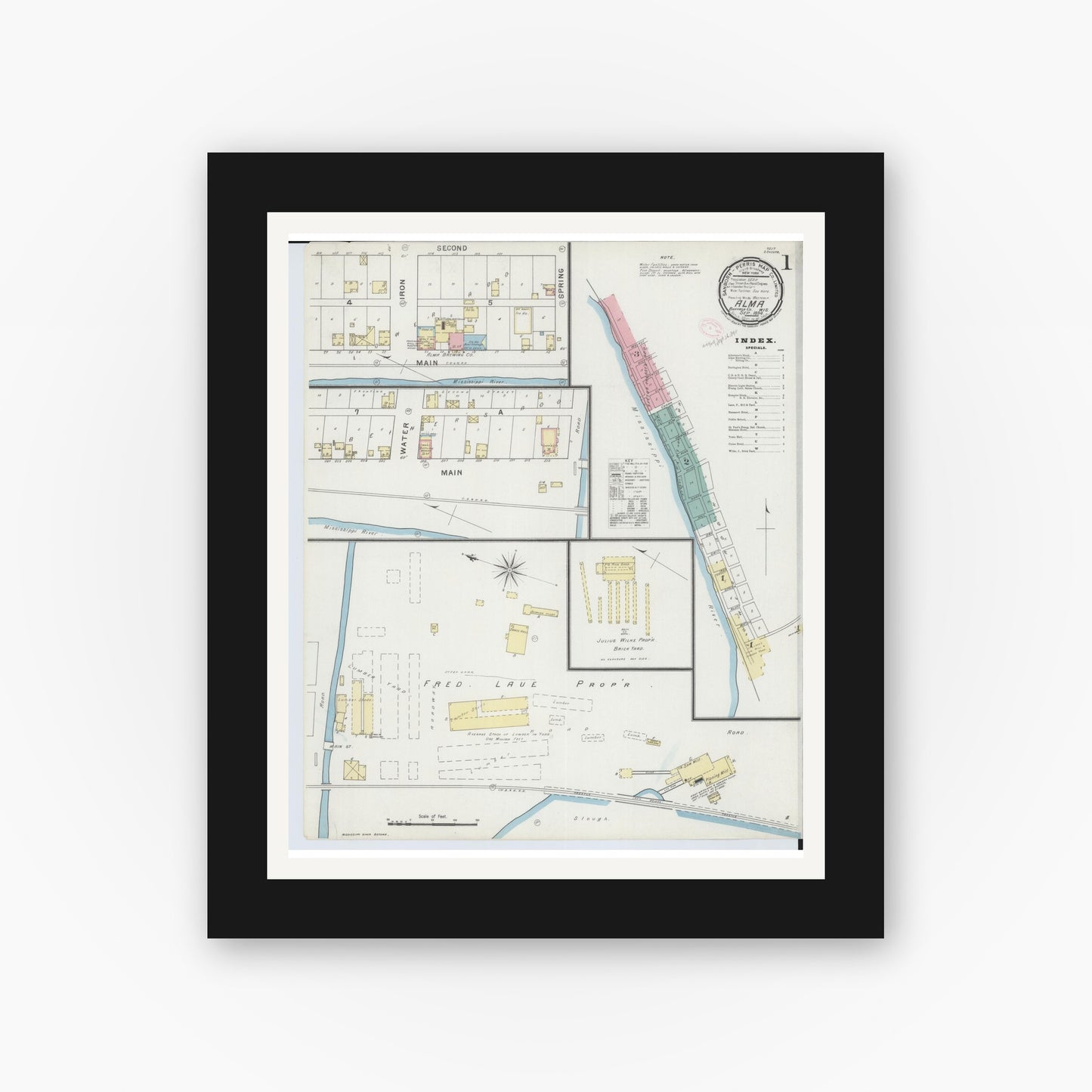Old map wall art mockup — black gallery frame with white mat — Sanborn Fire Insurance Map from Alma, Buffalo County, Wisconsin (1894), Sheet #0001