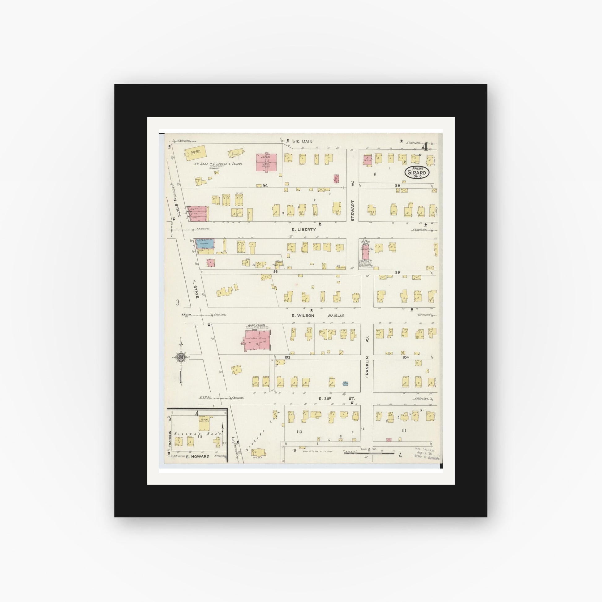 Old map wall art mockup — black gallery frame with white mat — Sanborn Fire Insurance Map from Girard, Trumbull County, Ohio (1915), Sheet #0004