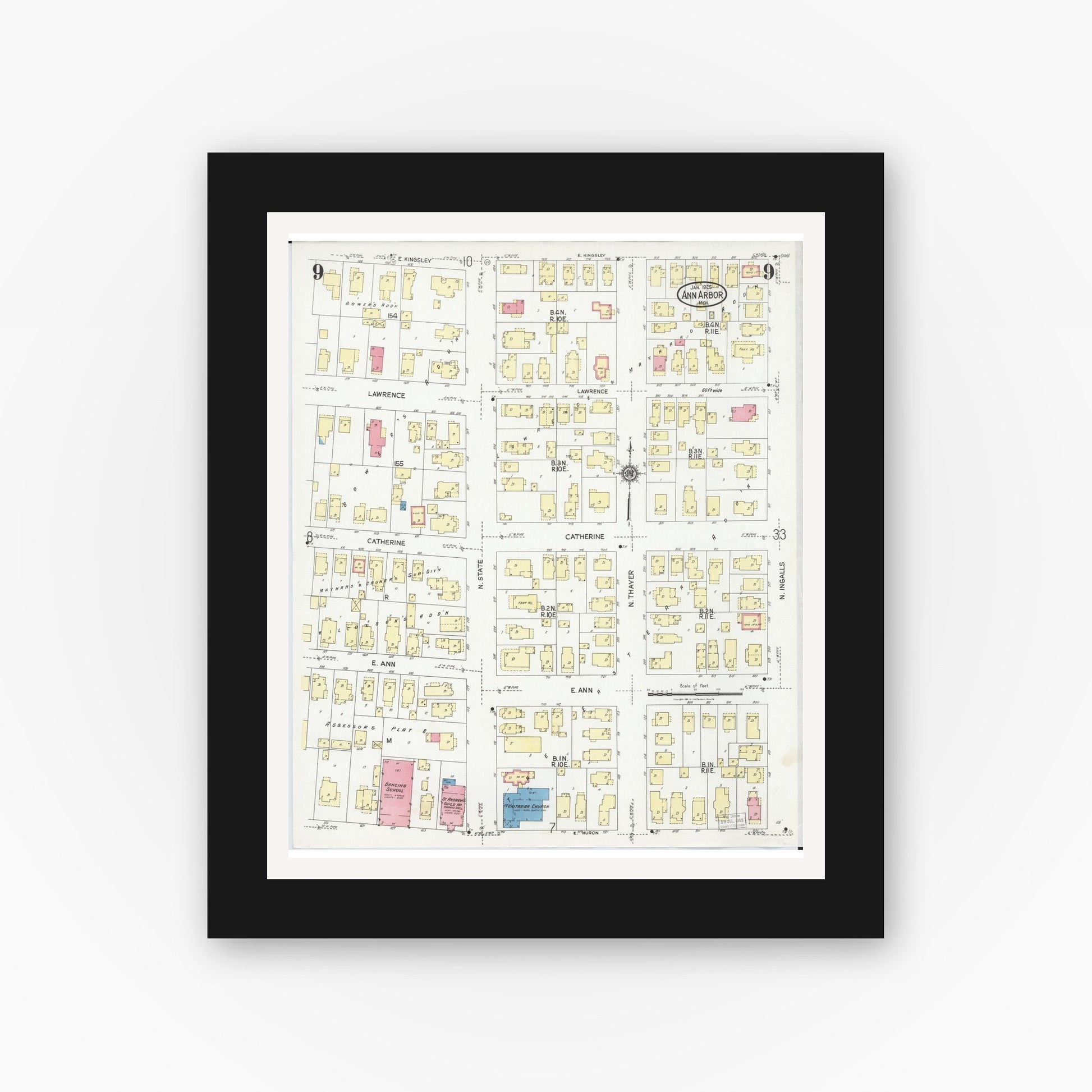 Old map wall art mockup — black gallery frame with white mat — Sanborn Fire Insurance Map from Ann Arbor, Washtenaw County, Michigan (1925), Sheet #0009