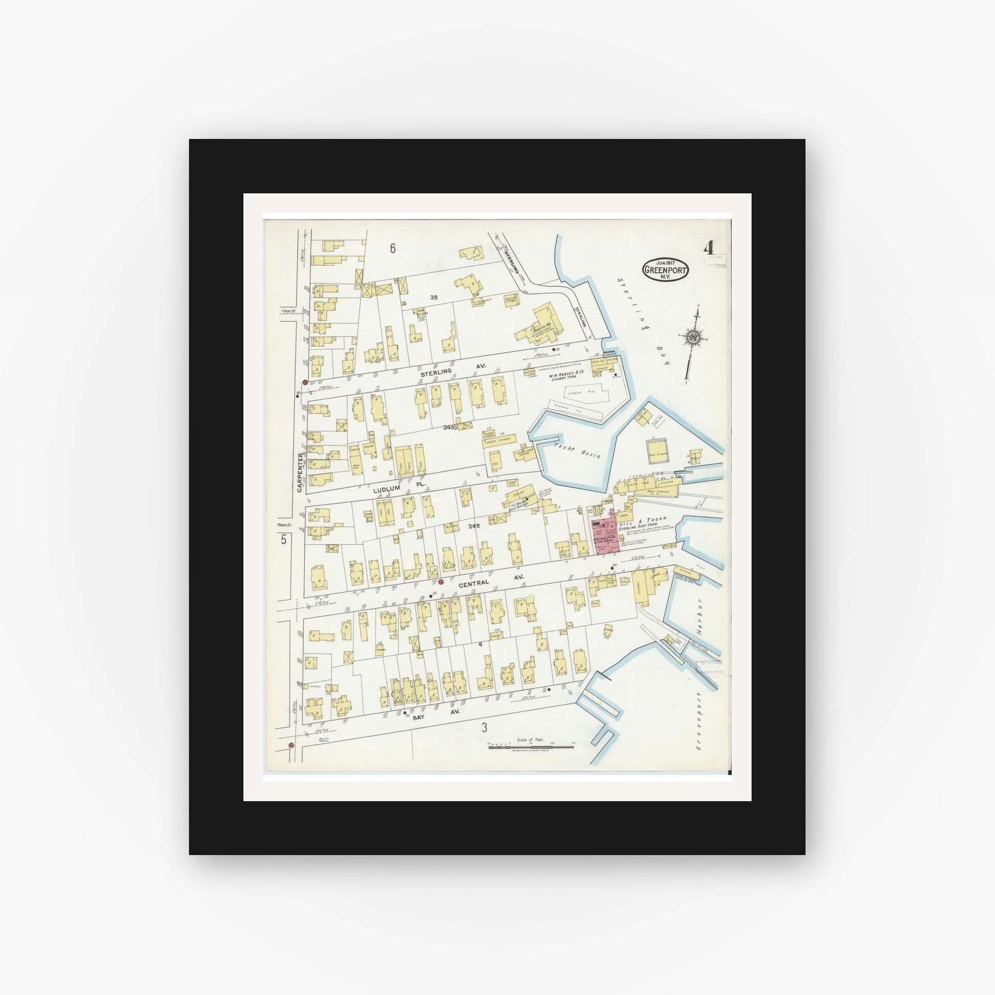 Old map wall art mockup — black gallery frame with white mat — Sanborn Fire Insurance Map from Greenport, Suffolk County, New York (1917), Sheet #0004