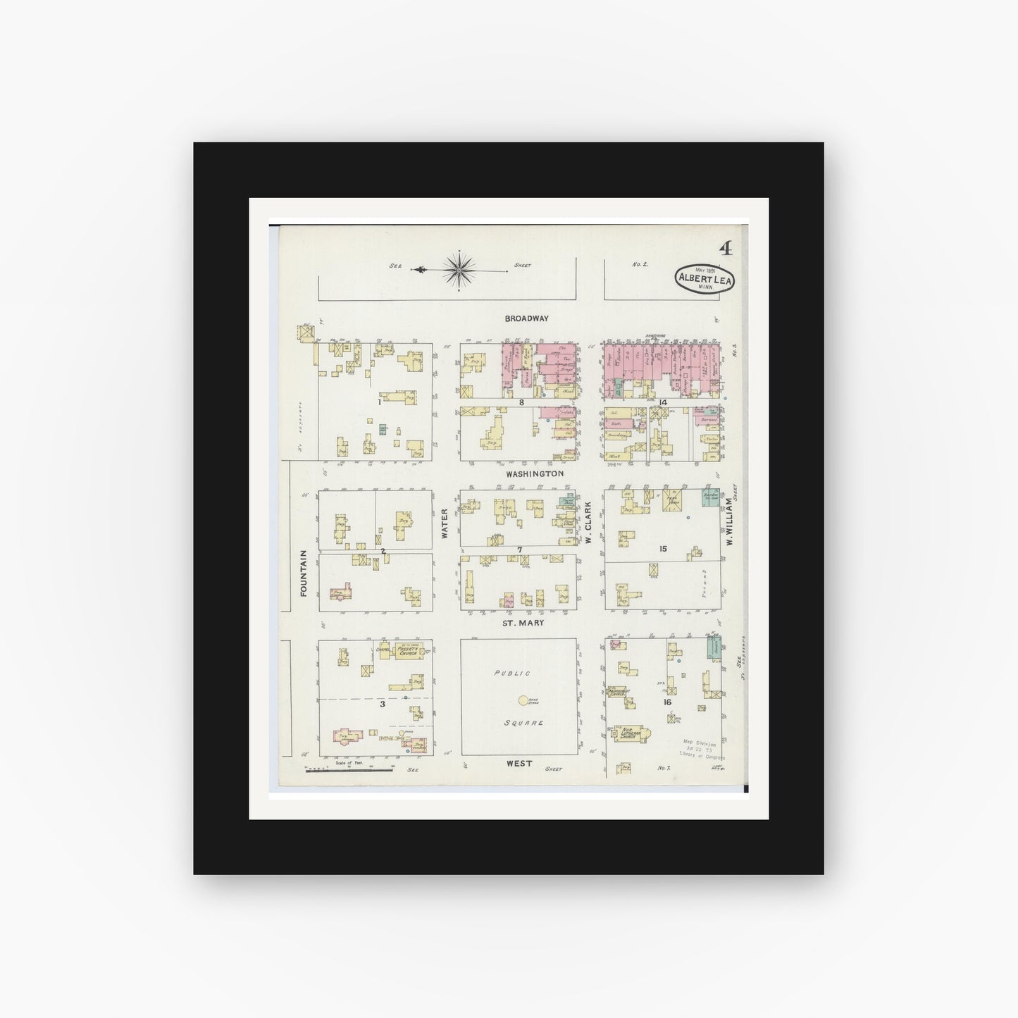 Old map wall art mockup — black gallery frame with white mat — Sanborn Fire Insurance Map from Albert Lea, Freeborn County, Minnesota (1891), Sheet #0004
