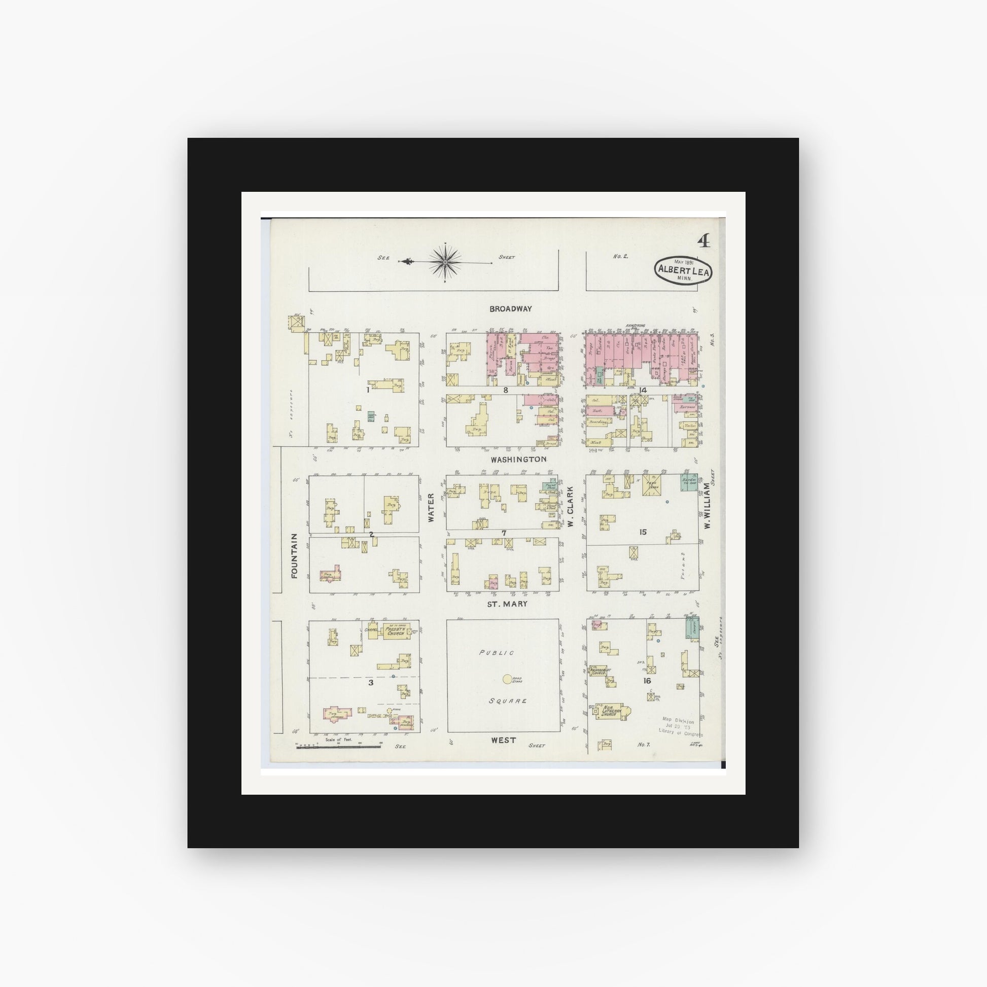 Old map wall art mockup — black gallery frame with white mat — Sanborn Fire Insurance Map from Albert Lea, Freeborn County, Minnesota (1891), Sheet #0004