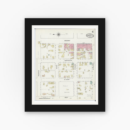 Old map wall art mockup — black gallery frame with white mat — Sanborn Fire Insurance Map from Albert Lea, Freeborn County, Minnesota (1891), Sheet #0004